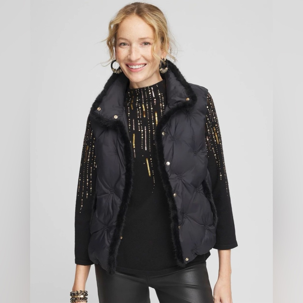 Chicos Nylon Fur Trim Puffer Vest Black Womens size L/XL 🖤✨